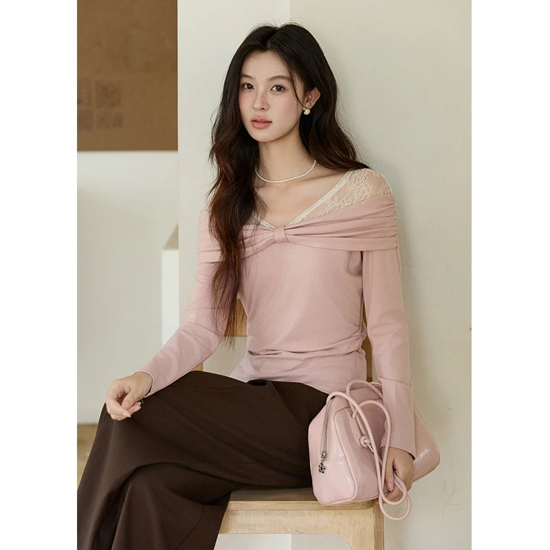 Mishow Lace Patchwork One Shoulder Tee MXF108Z1026