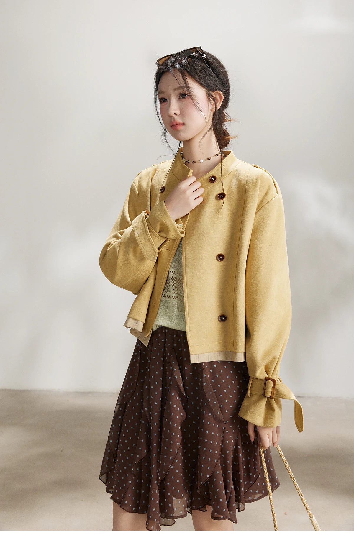 Mishow Yellow Double-Breasted Stand Collar Trench MXF11W1026