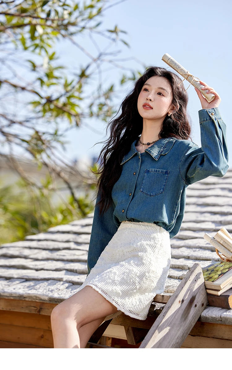 MISHOW Washed Denim Shirt Double Layered Patchwork Collar Metal Buckle MXE12C0751