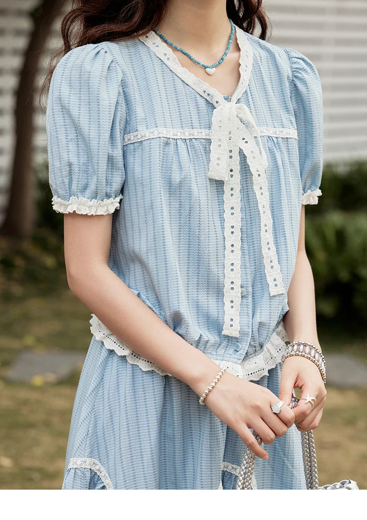 Mishow Blue Stripe V-Neck Top & A-Line Skirt Set MXE31T0531