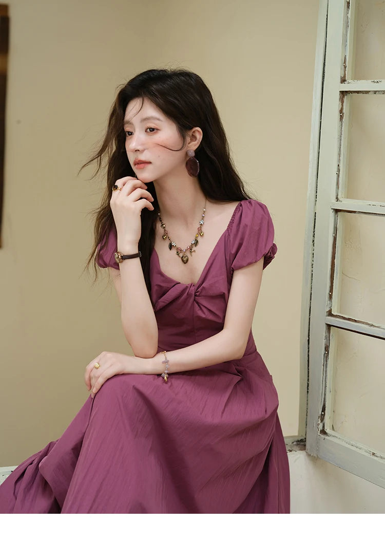 Mishow V-Neck Puff Sleeve Solid Vacation Dress MXE39L2384
