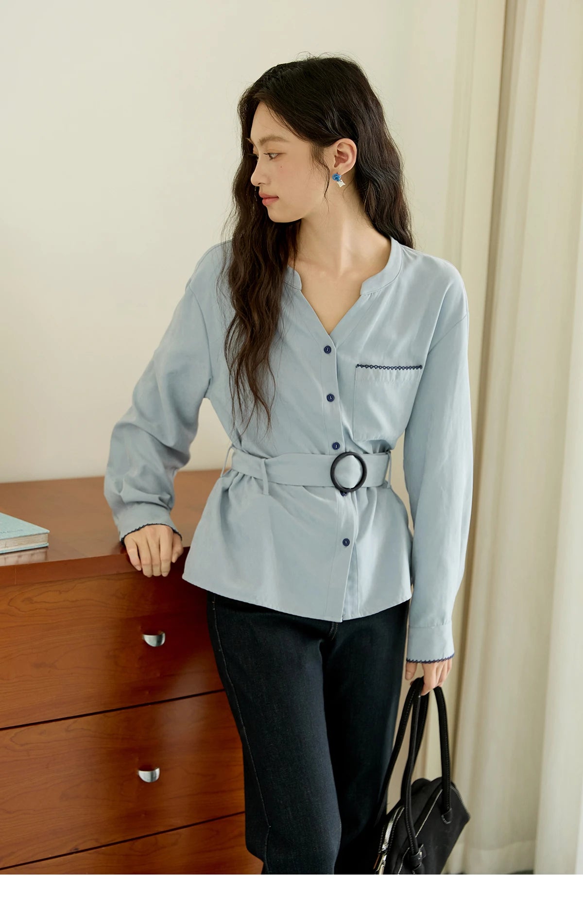 MISHOW Haze Blue Velvet Shirt Contrast Color Waist Sash MXE47X2497