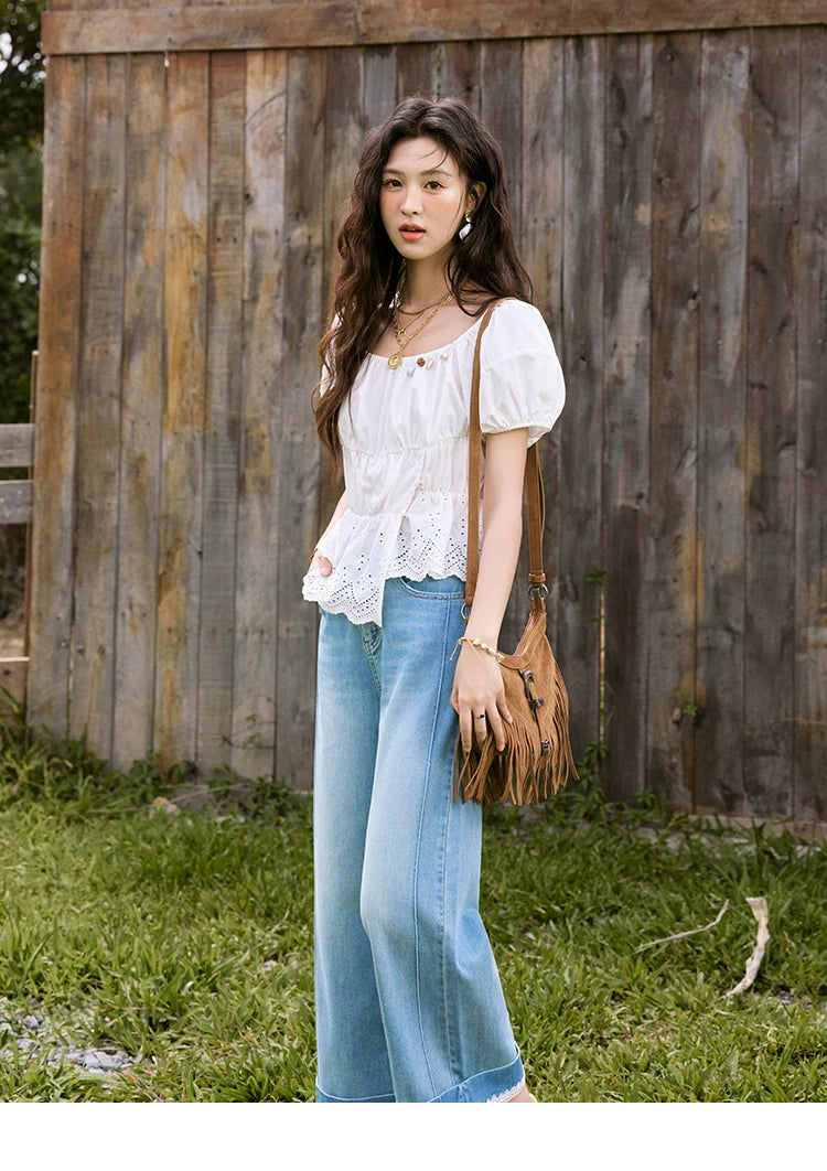 MISHOW Solid Short Puff Sleeve Blouse Hem Hollow Beading MXE33X1776