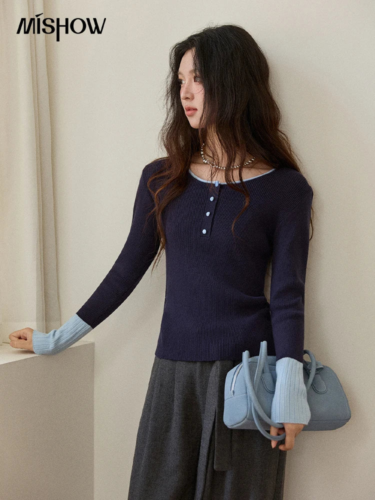 Mishow Retro Contrast Color Crew Neck Sweater MXE89Z2639