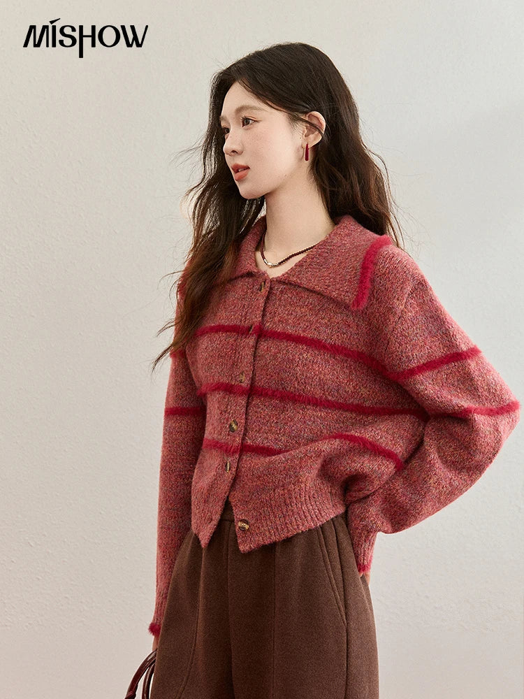 Mishow Red Striped Large Lapel Fleece Cardigan MXE94Z2888