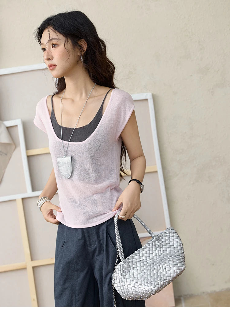 Mishow Linen Contrast Fake Two-Piece Knit Tee MXE36Z1277