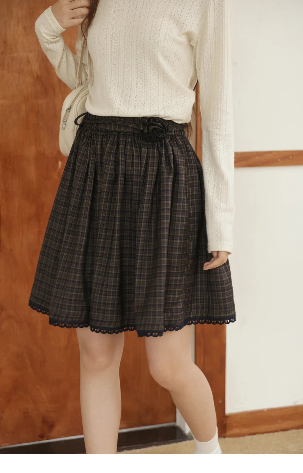 Mishow Green Plaid Handmade Flower Lace Skirt MXE44B2407