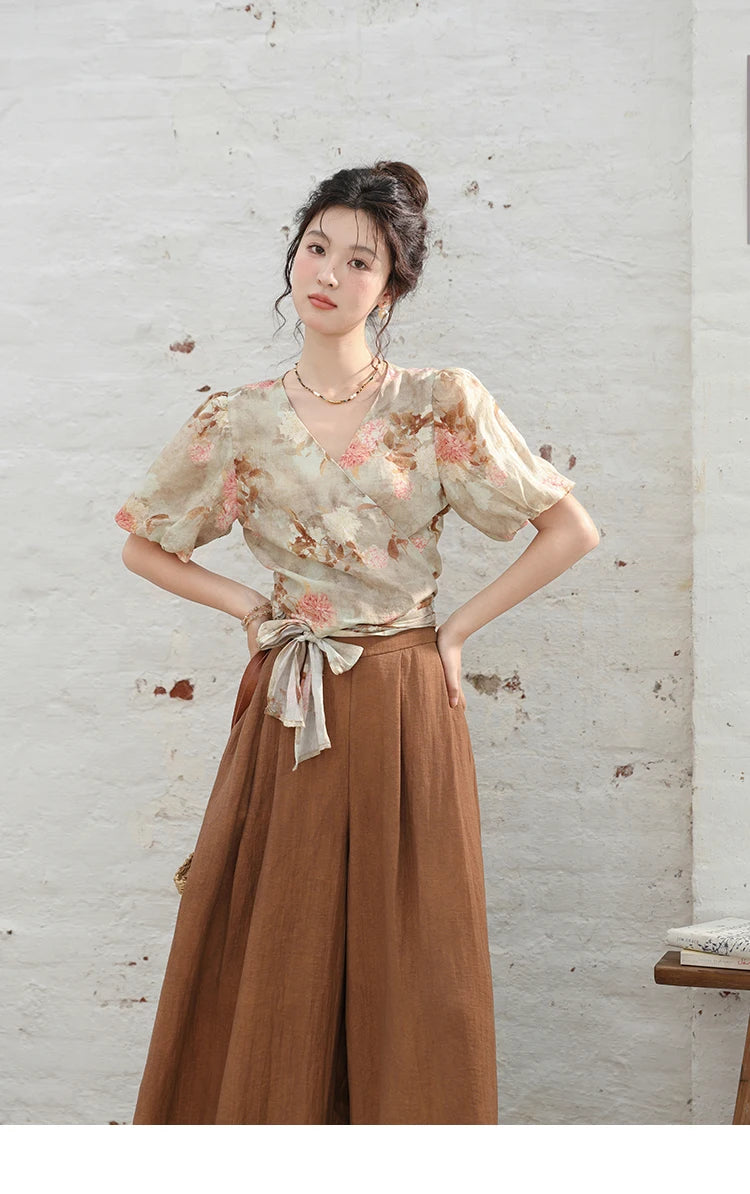 MISHOW French V-Neck Floral Puff Sleeve Blouse MXD28X1619