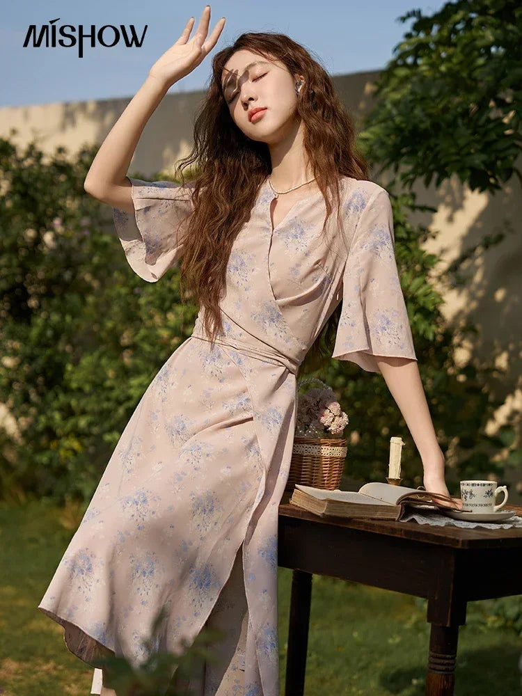 Mishow French Floral Puff Sleeve Lace-Up Dress MXC38L1413