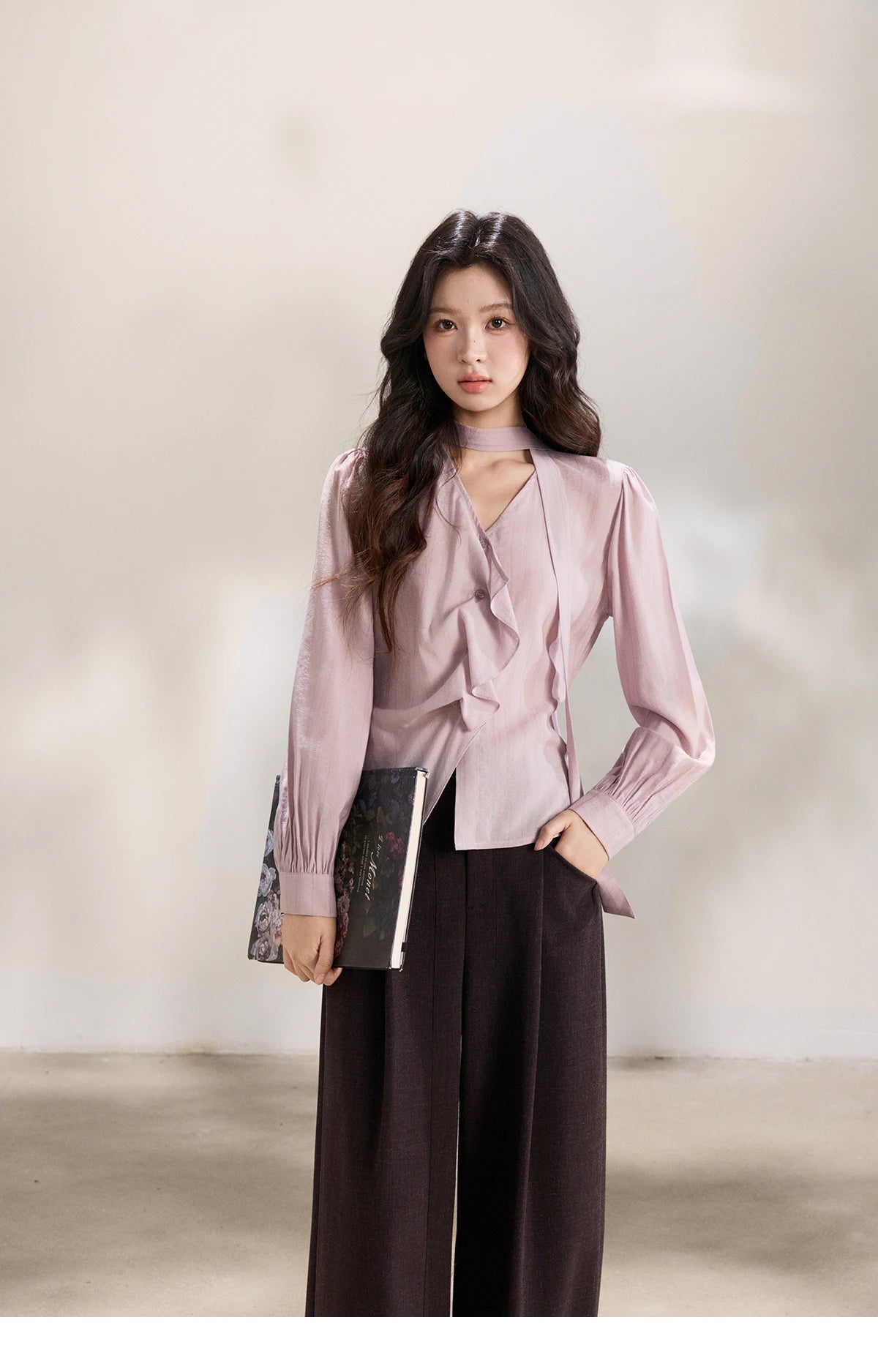 MISHOW Women's Purple Ribbon V-Neck Ruffled Shirt MXF13X2527