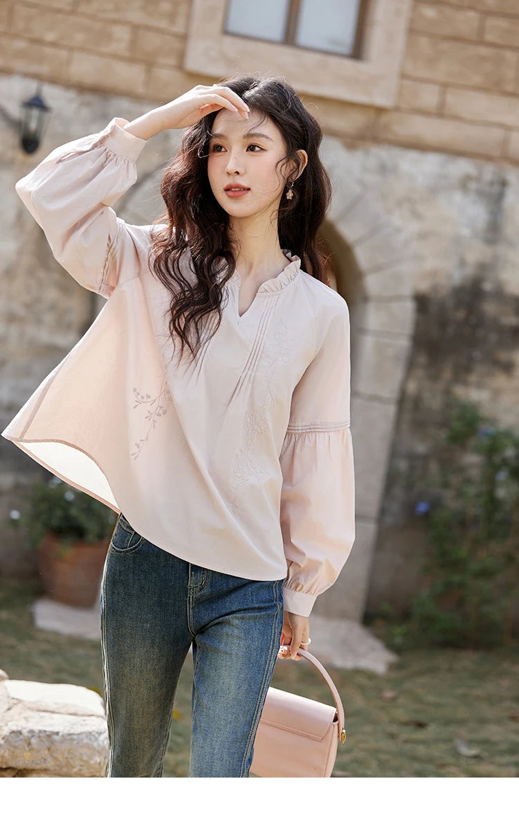 MISHOW Pink Cotton Ruffled Blouse Loose Long Sleeve MXE13X1699