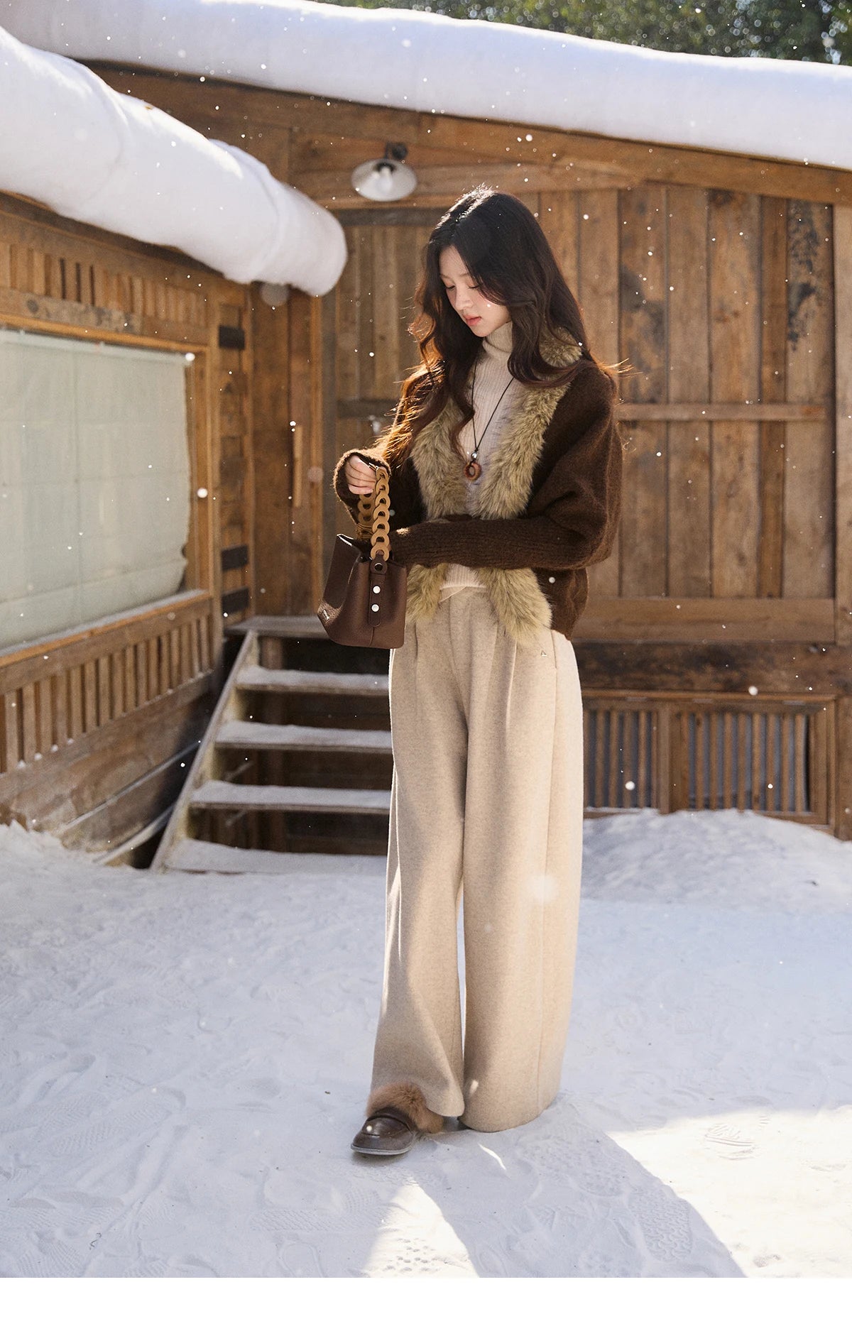 MISHOW Brown Knitted Cardigan Faux Fur Collar Batwing Sleeve MXE94Z2954