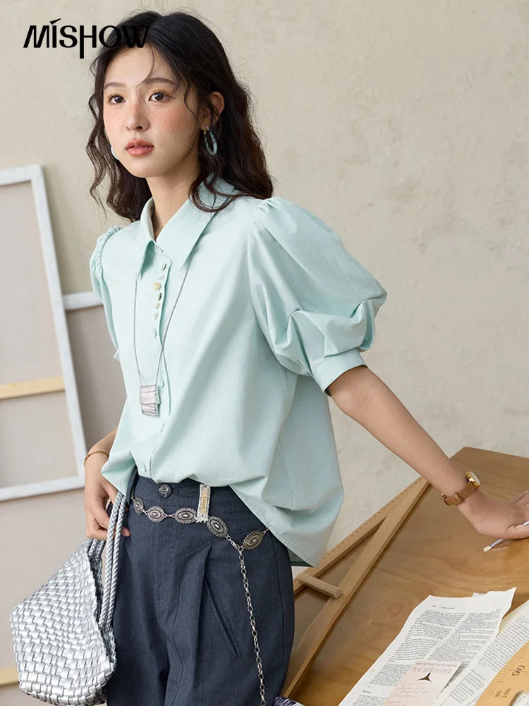 MISHOW Light Green Bubble Sleeve Shirt Lapel Collar Irregular Buttons MXE34C0788