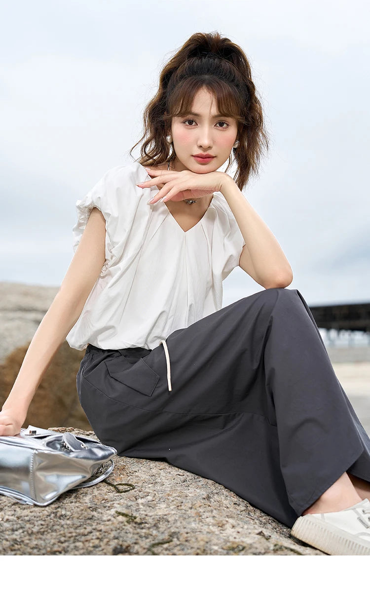MISHOW French Rear Collar Tie Blouse V-Neck Puff Sleeve MXC38X1275