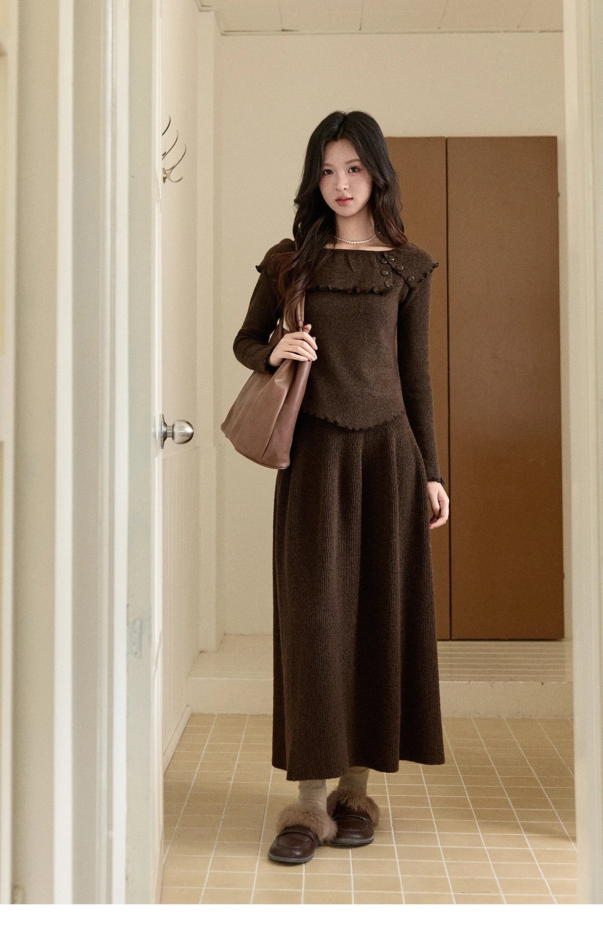 Mishow Coffee Ruffle Boat Neck Top & A-Line Skirt Set MXE93T1455