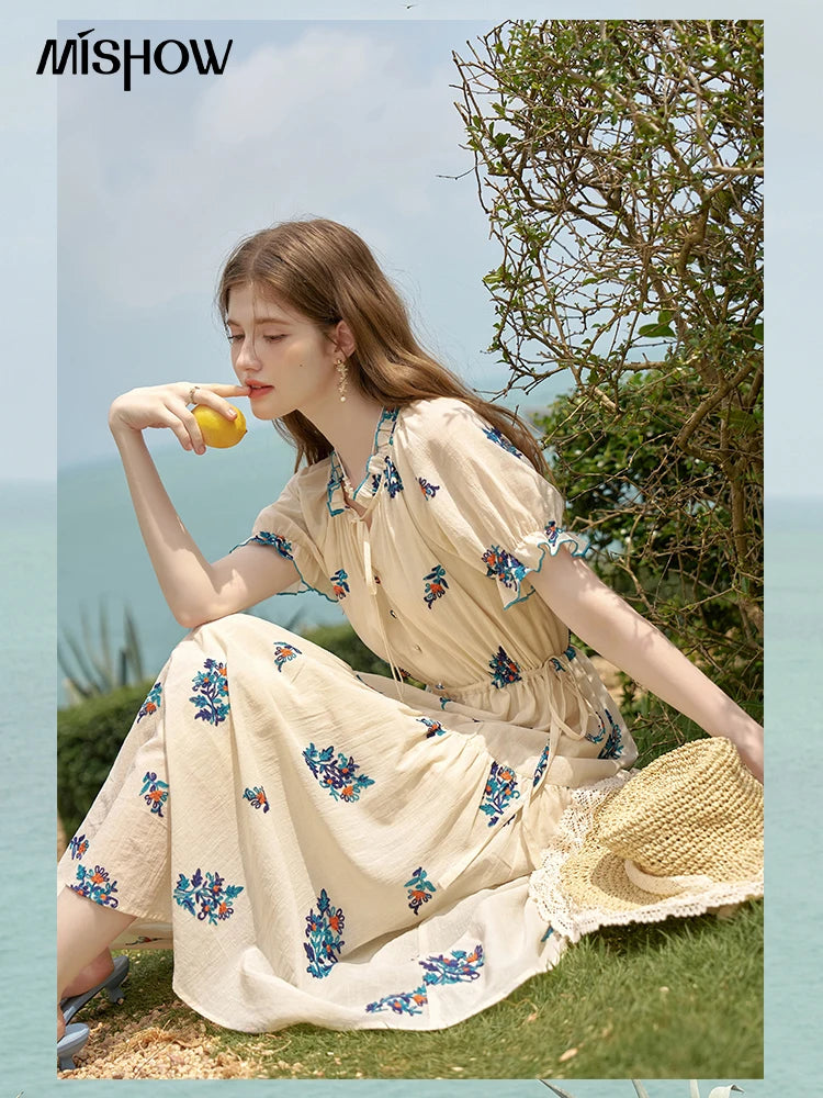 Mishow French Embroidered Flower Drawstring Dress MXD24L1835