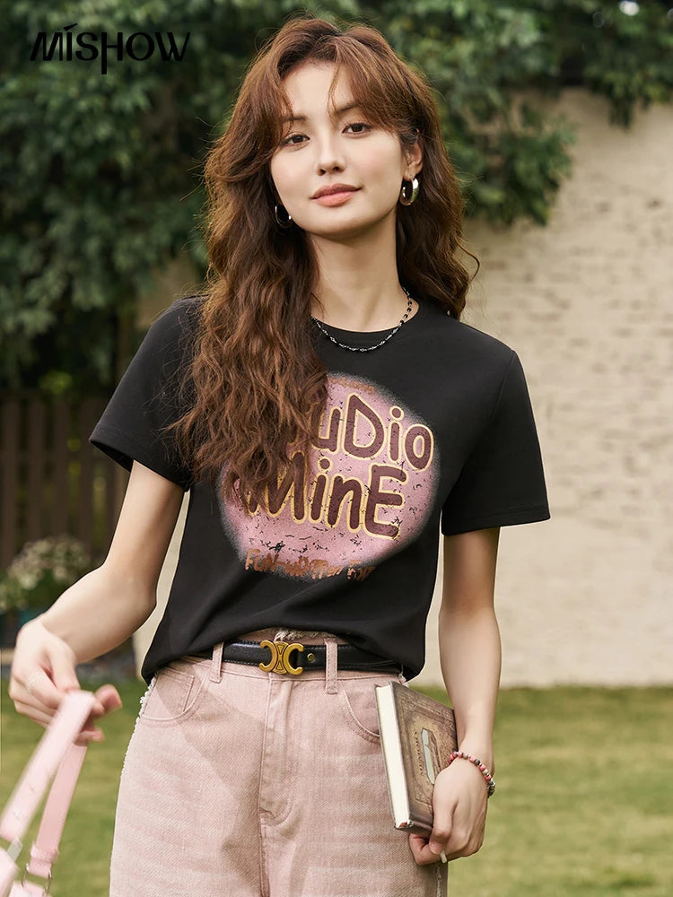 Mishow Letter Print Crew Neck Tee MXD13T0164