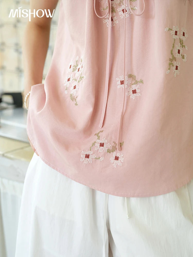 MISHOW Embroidery Flower Blouse O-Neck Lace Up Flying Sleeve MXE39X1880