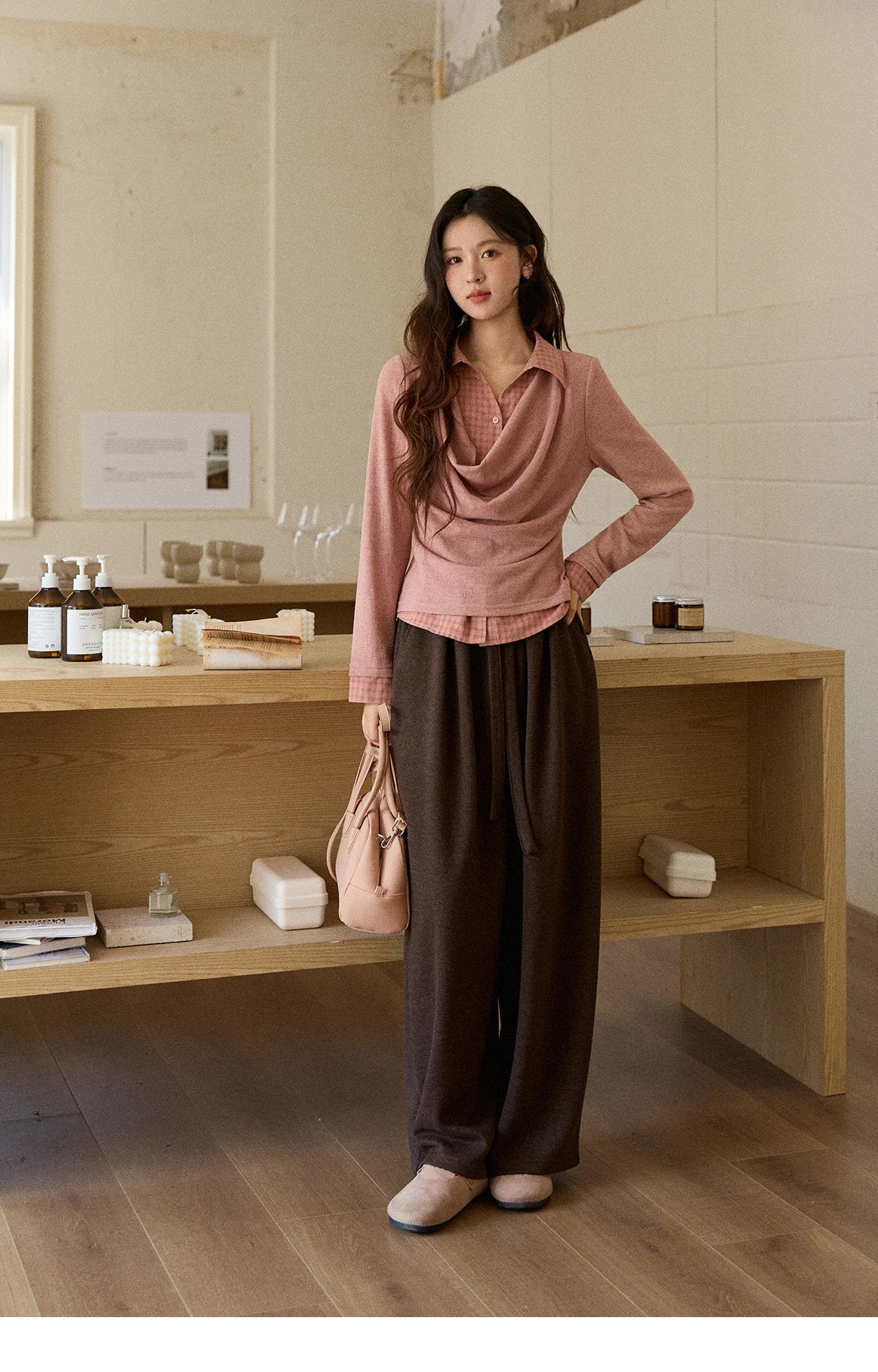 MISHOW Brown Wide-Leg Pants Thickened Drawstring Waistband MXE87K1126