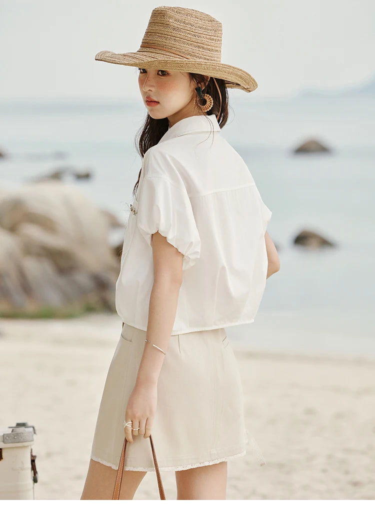 MISHOW Short Puff Sleeve Blouse Turn Down Collar Shell Ribbon MXE33C0773