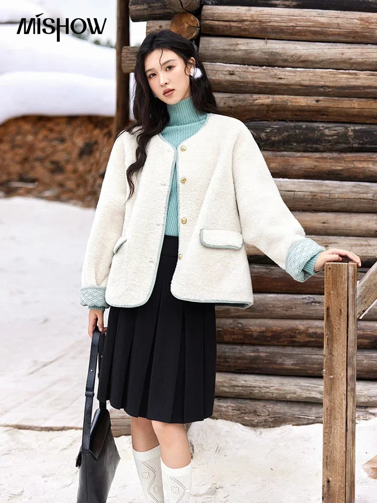 Mishow Lamb Wool Cuff Lace Metal Button Jacket MXD58W0740