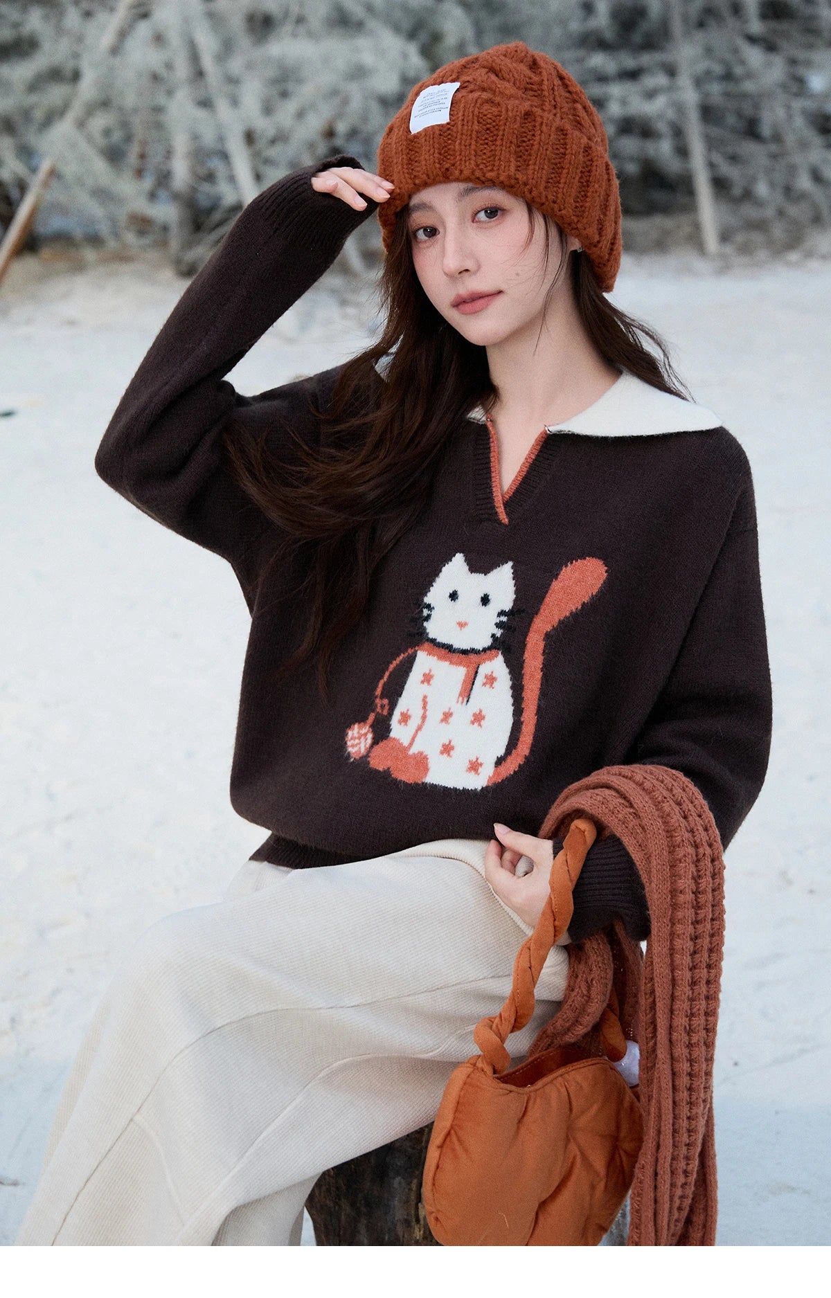 Mishow Retro Arctic Fleece Color Block Cat Sweater MXE90Z2835