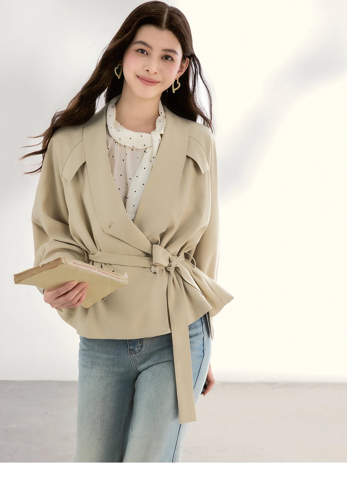 MISHOW Khaki Belted Waist Coat Lapel Double-Breasted Short MXF13W1056