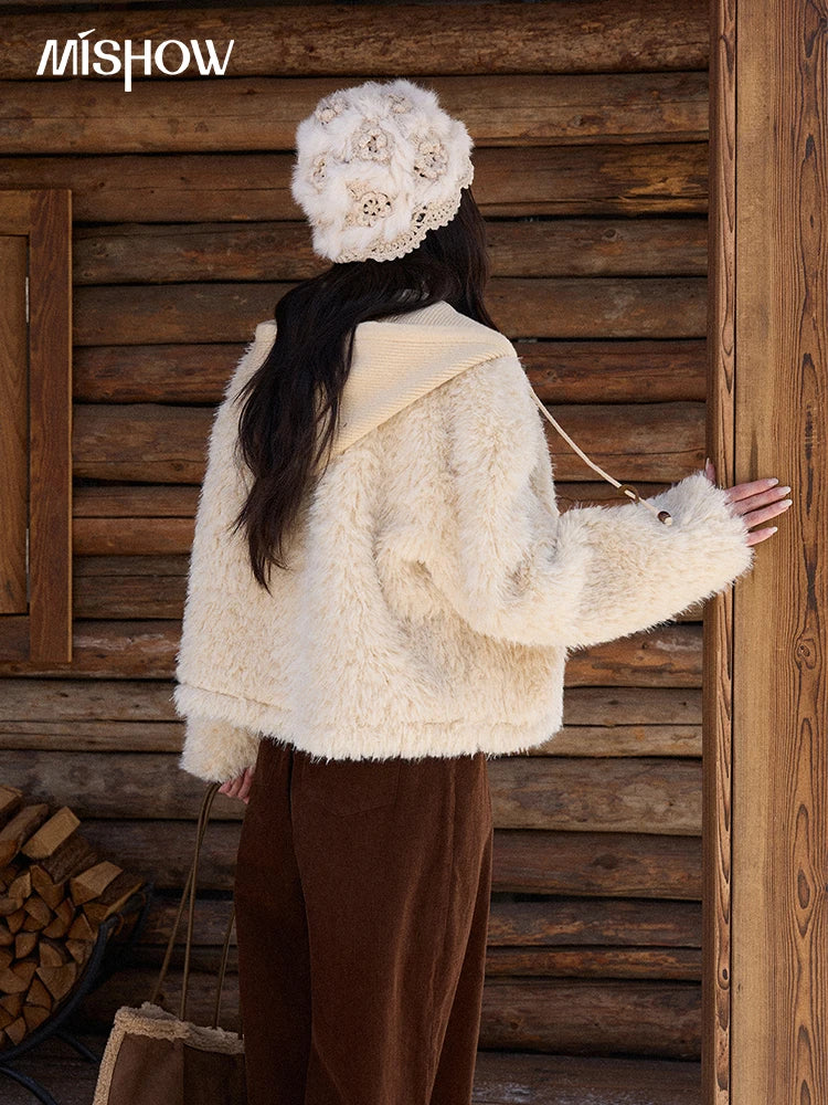 MISHOW Beige Knitted Hooded Plush Coat Warm Windproof MXE86W0908
