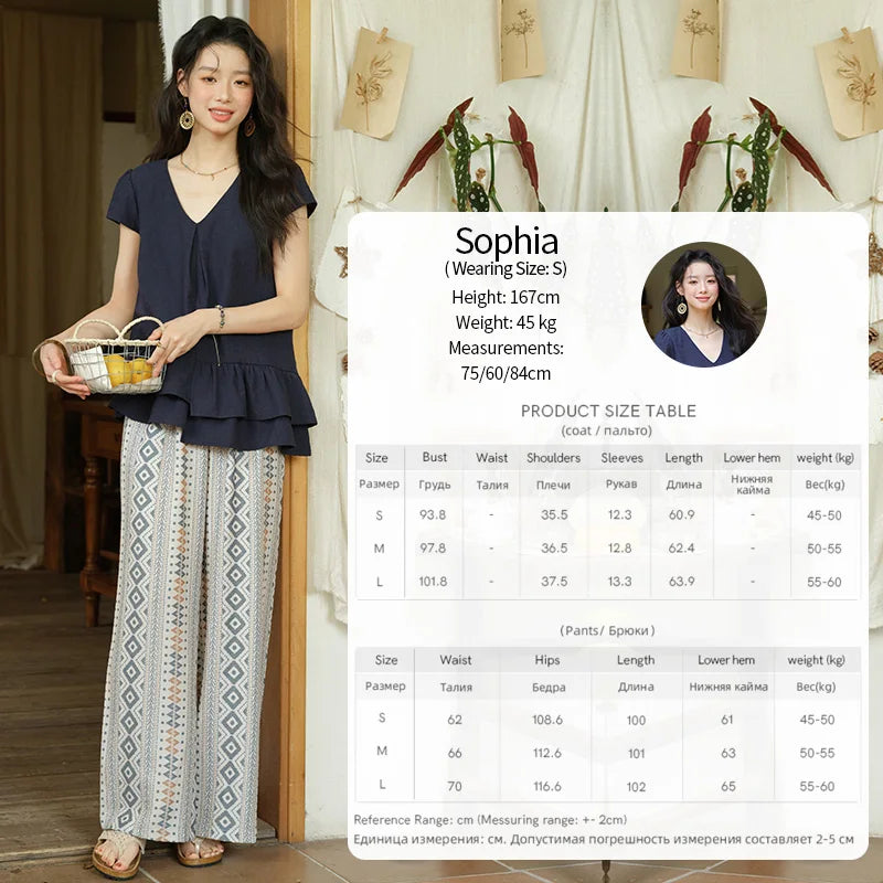Mishow Lotus Leaf Edge V-Neck Blouse & Geometric Wide Leg Pants Set MXE39T0670