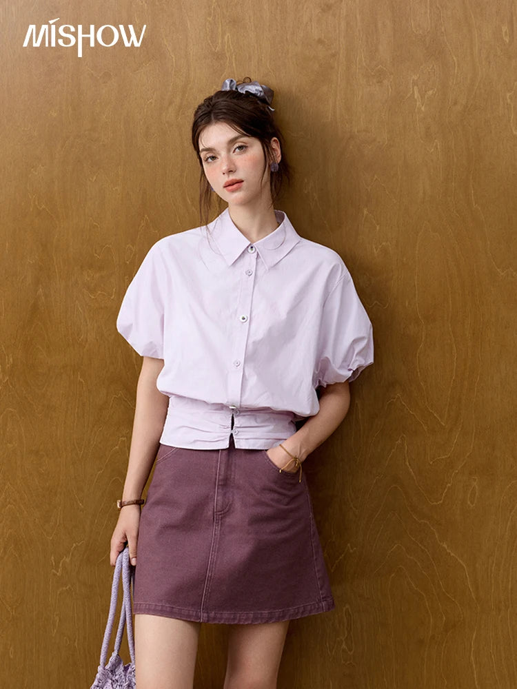MISHOW Purple Cotton Blouse Turn-Down Collar Short Sleeve MXE32X1794