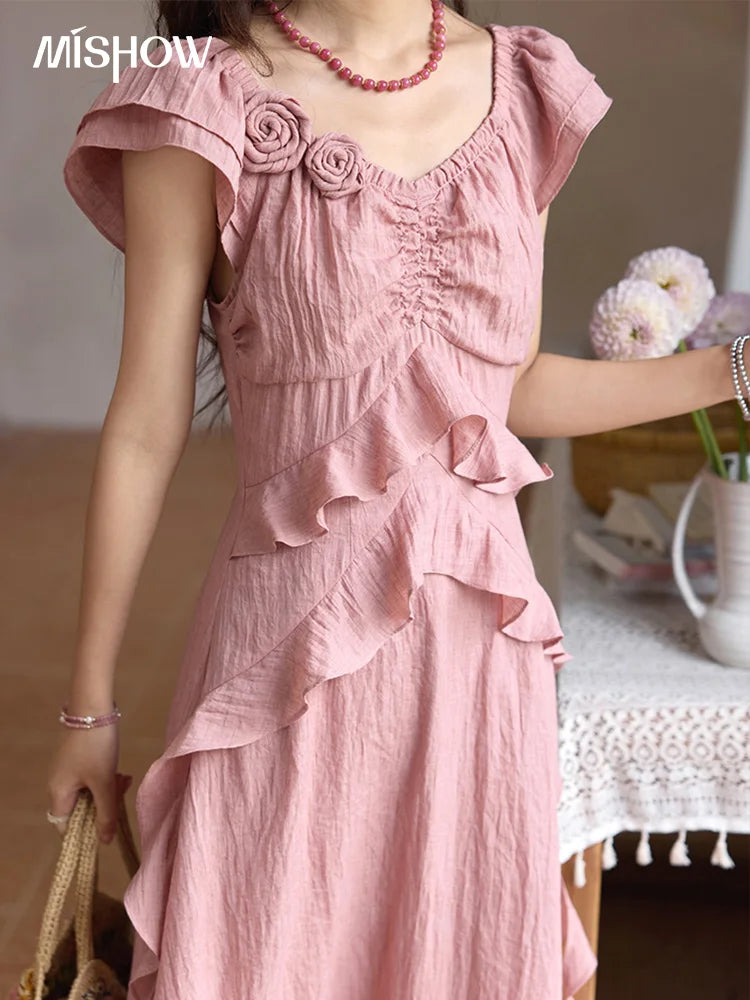 Mishow Flower Flying Sleeve V-Neck Pink Dress MXE34L2243