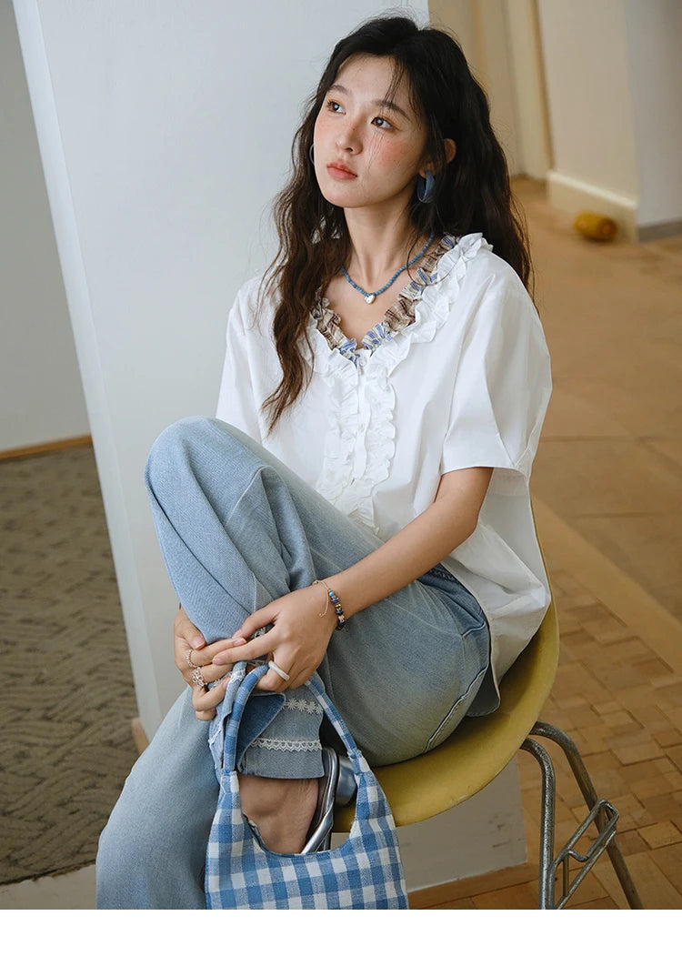 MISHOW V-Neck Shirt Patchwork Double Layer Fungus Edge Button MXE35X1793