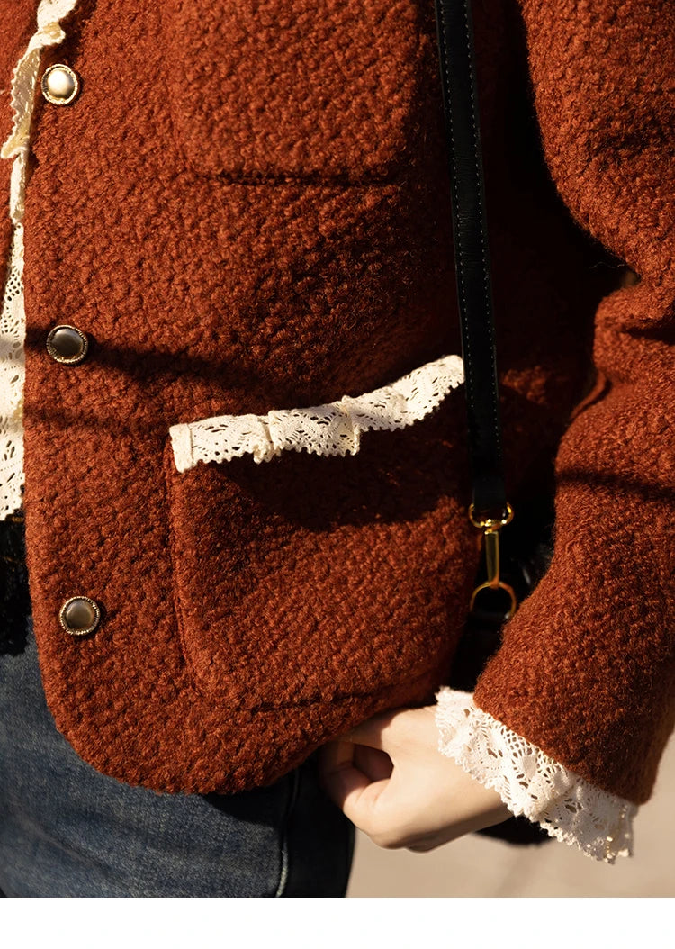 MISHOW Wool Coat Lace Splicing Lamb Wool Button Pockets MXB43W0720