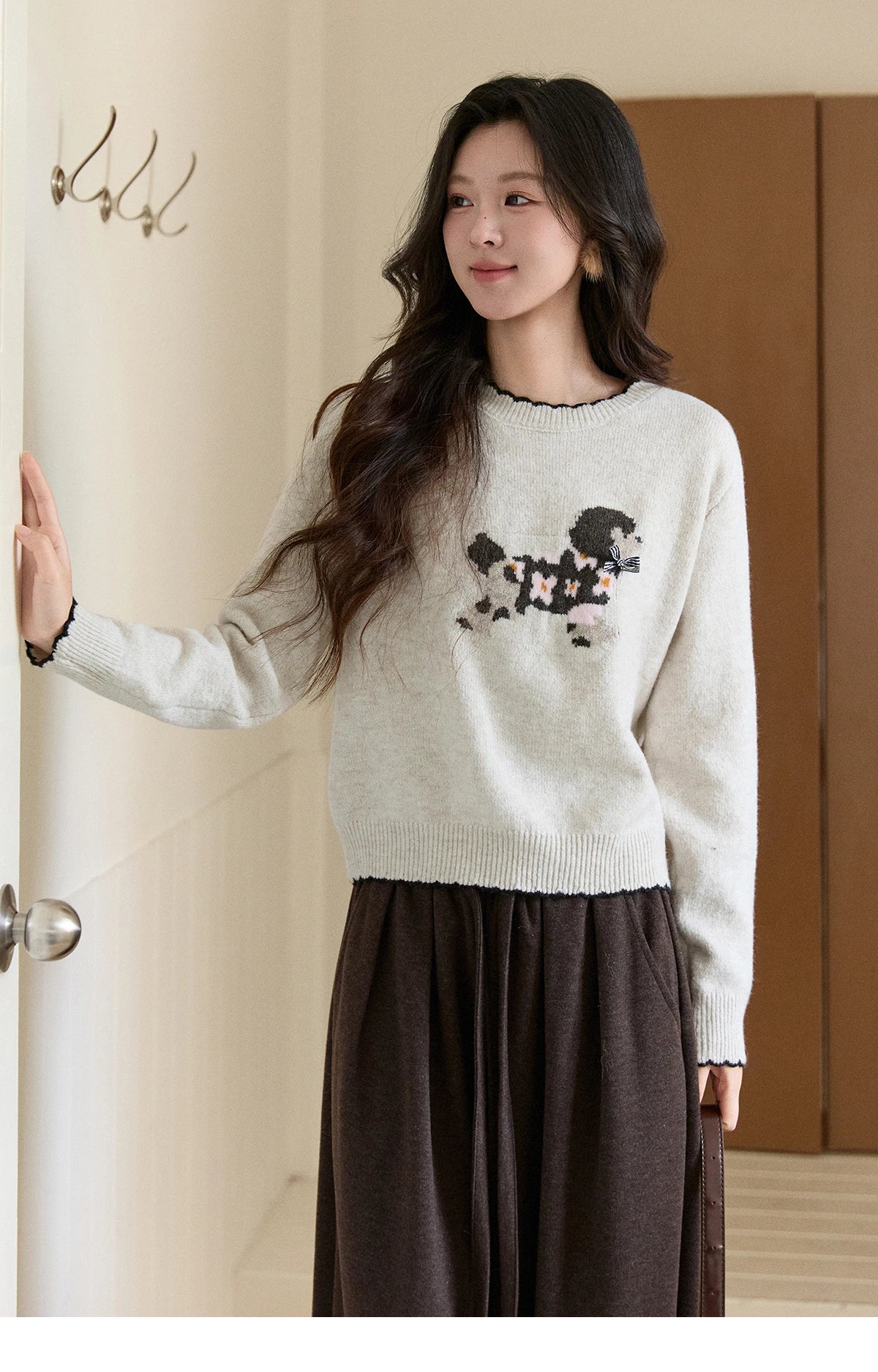 Mishow Burgundy Poodle Pattern Ruffled Trim Pullover MXE93Z2949