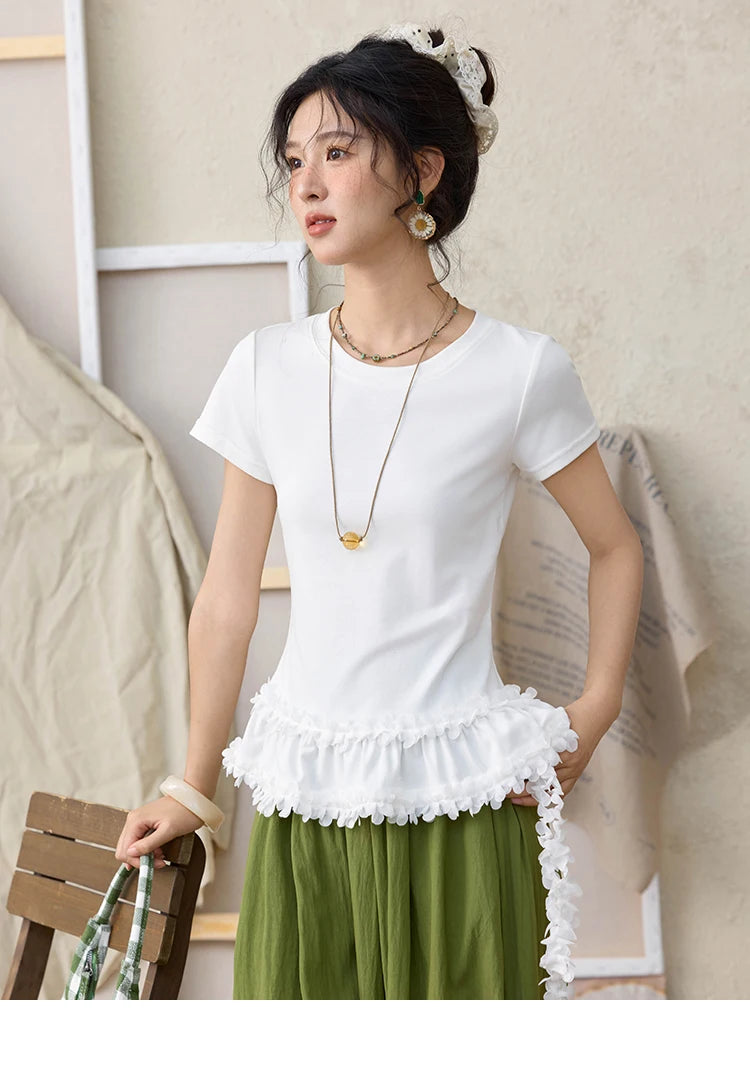 Mishow White Ruffled Tee with Red Lanyard Necklace MXE34T0557