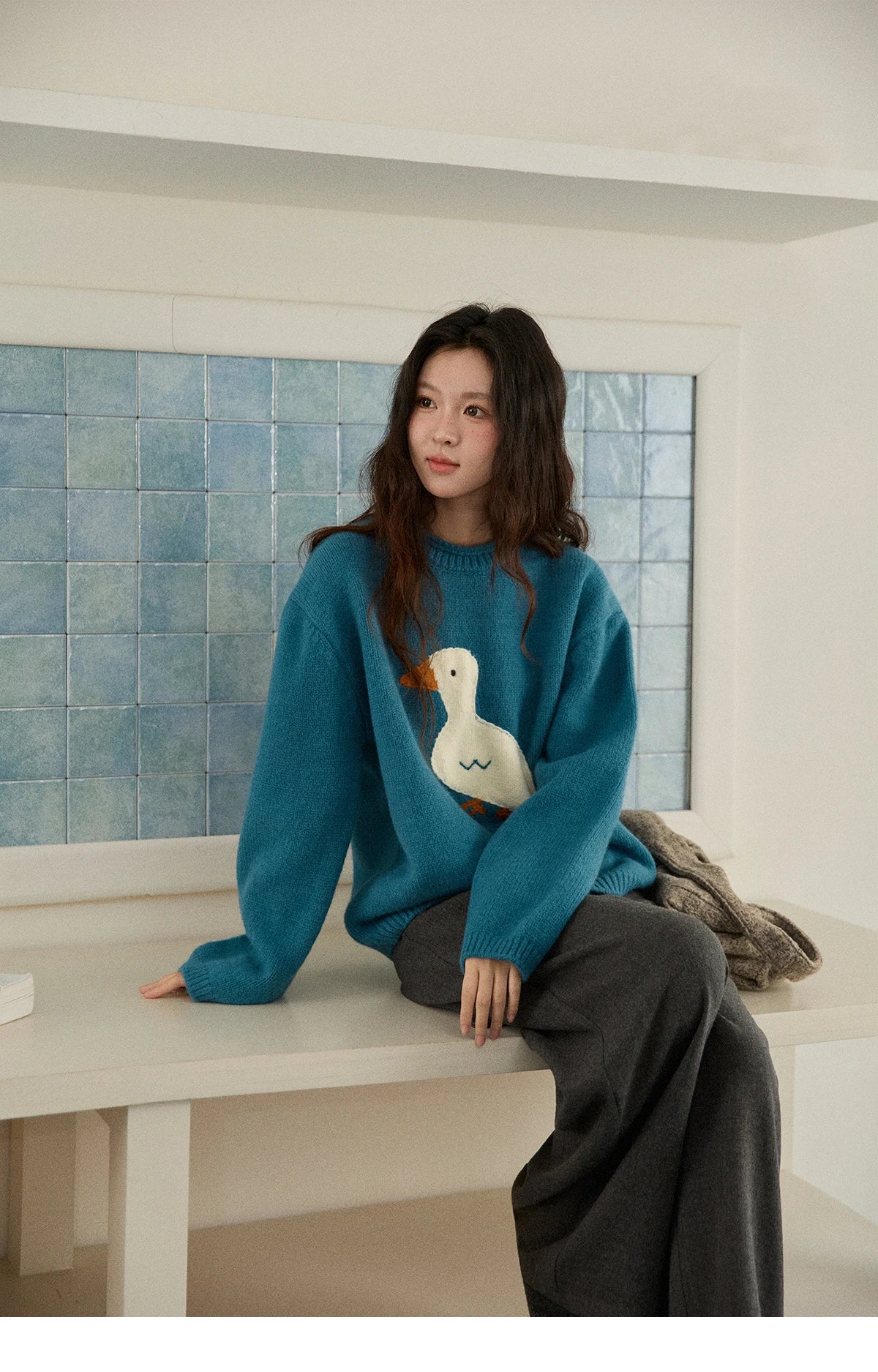 Mishow Peacock Blue Jacquard Loose Sweater MXE86Z2751