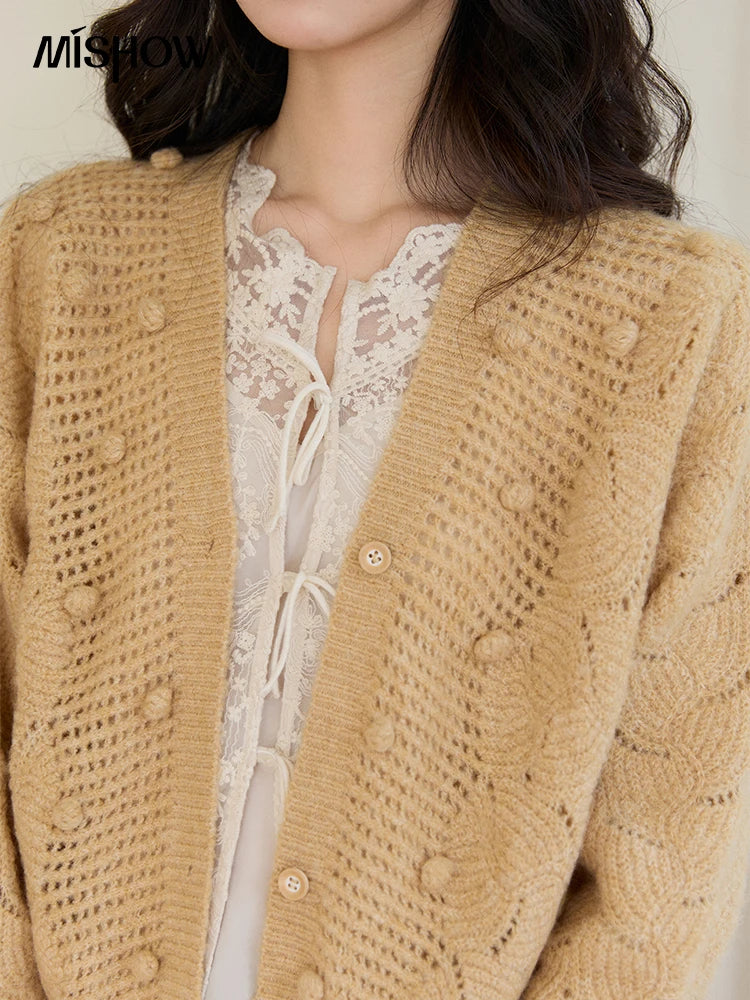 Mishow Hollow-out V-Neck Bobble Knit Cardigan MXF108Z1020