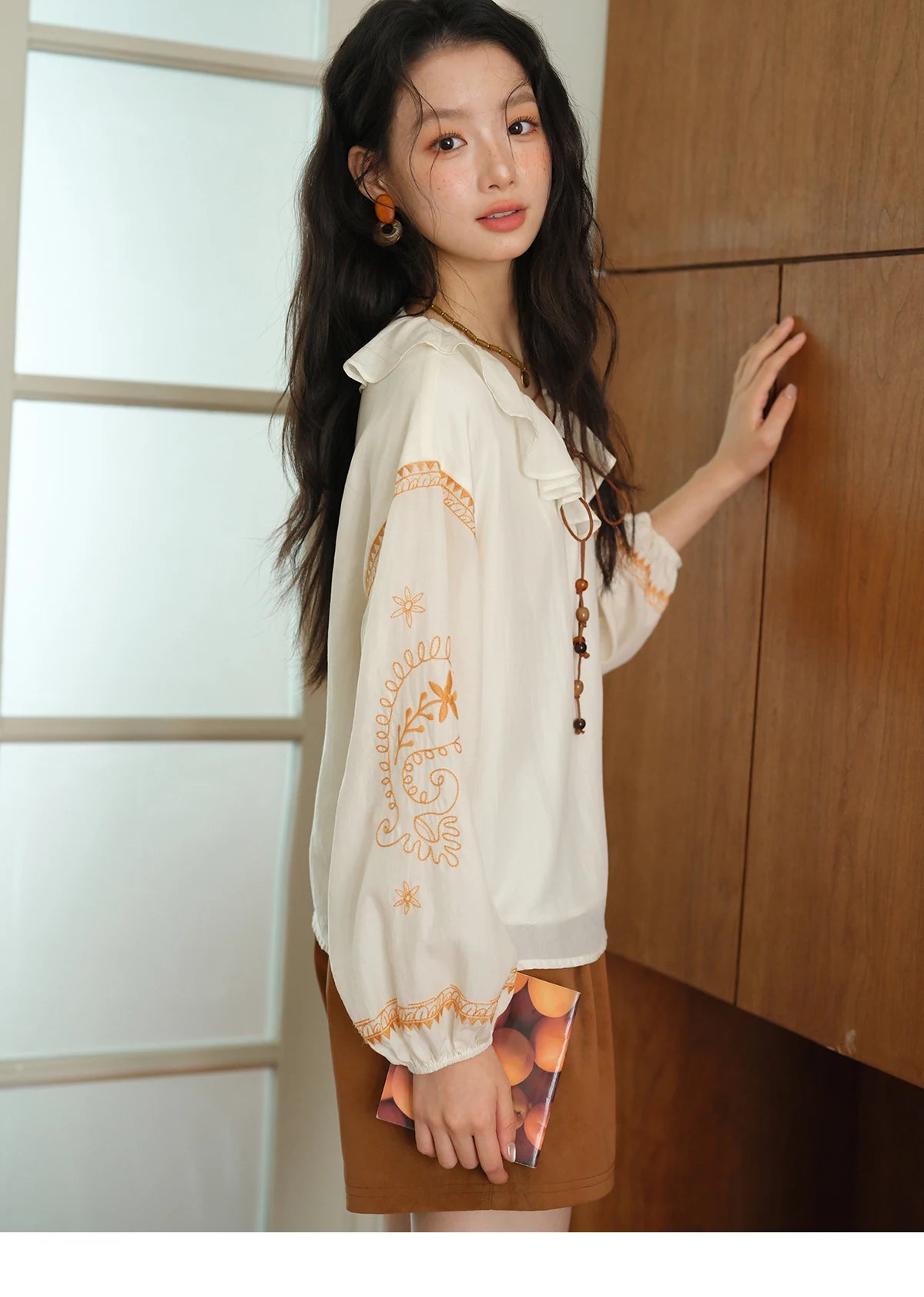 MISHOW Embroidered Blouse Ruffle V-Neck Lace Up MXE43X1987