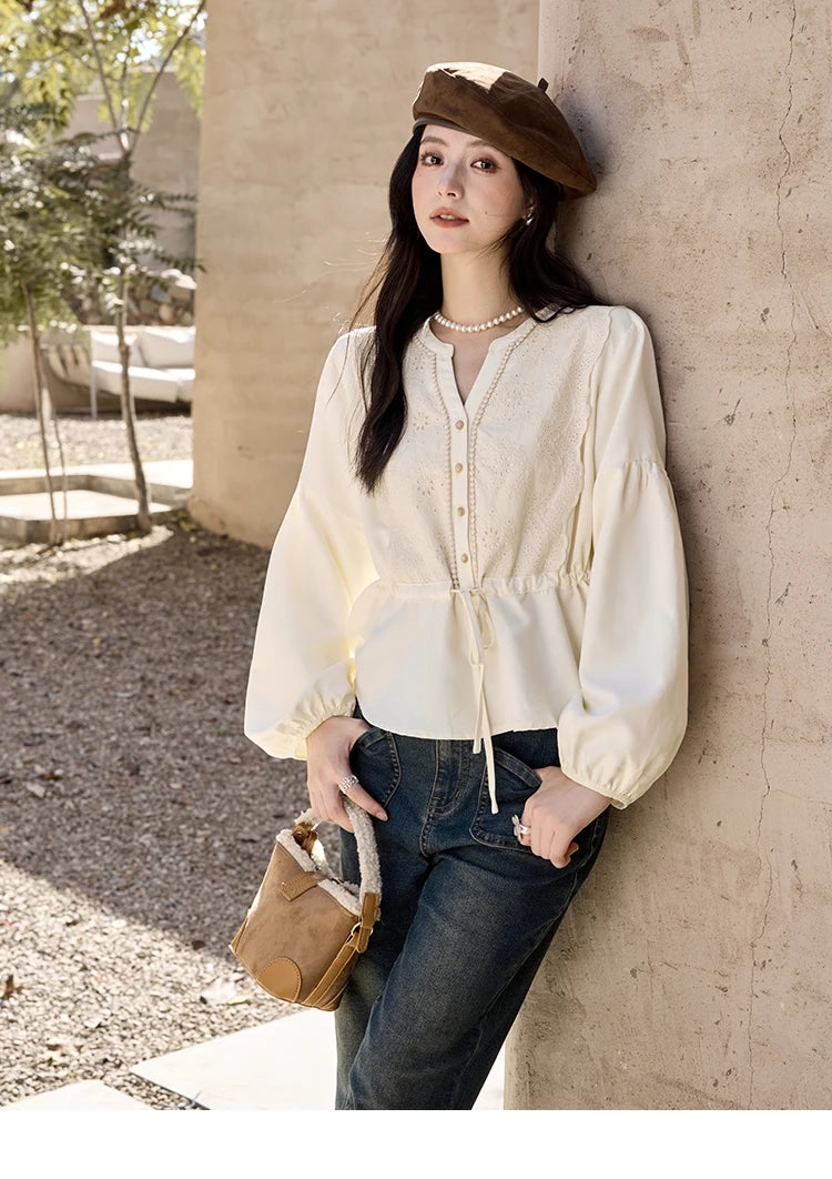 MISHOW French V-Neck Blouse Lace Lantern Sleeve Drawstring Waist MXD45X1660