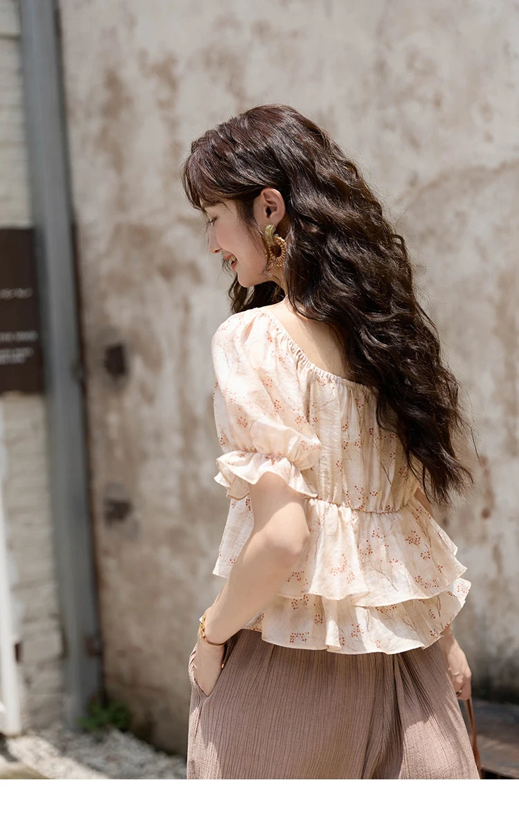 MISHOW Floral Print Square Neck Shirt Bubble Sleeve Patchwork MXD30X1565