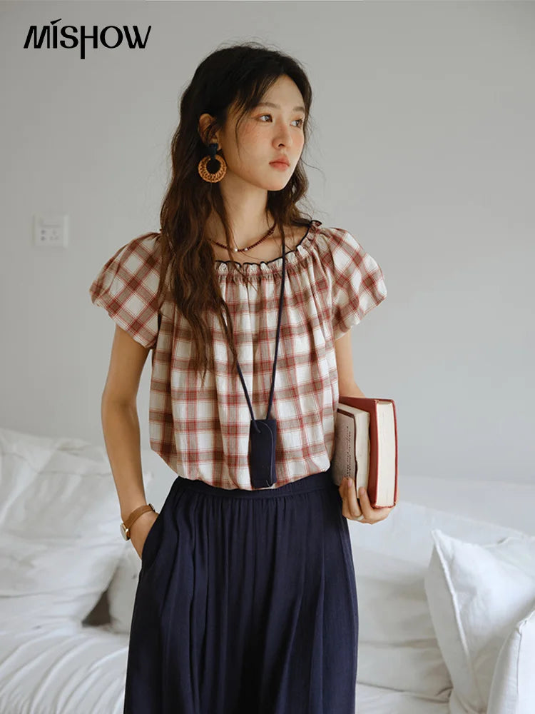 Mishow Retro Red Grid Puff Sleeve Top & Wide Leg Pants Set MXE37T0649