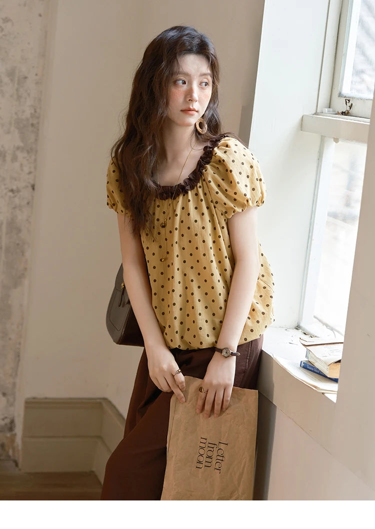 Mishow Polka Dot Puff Sleeve Top & Wide Leg Pants Set MXE39T0657