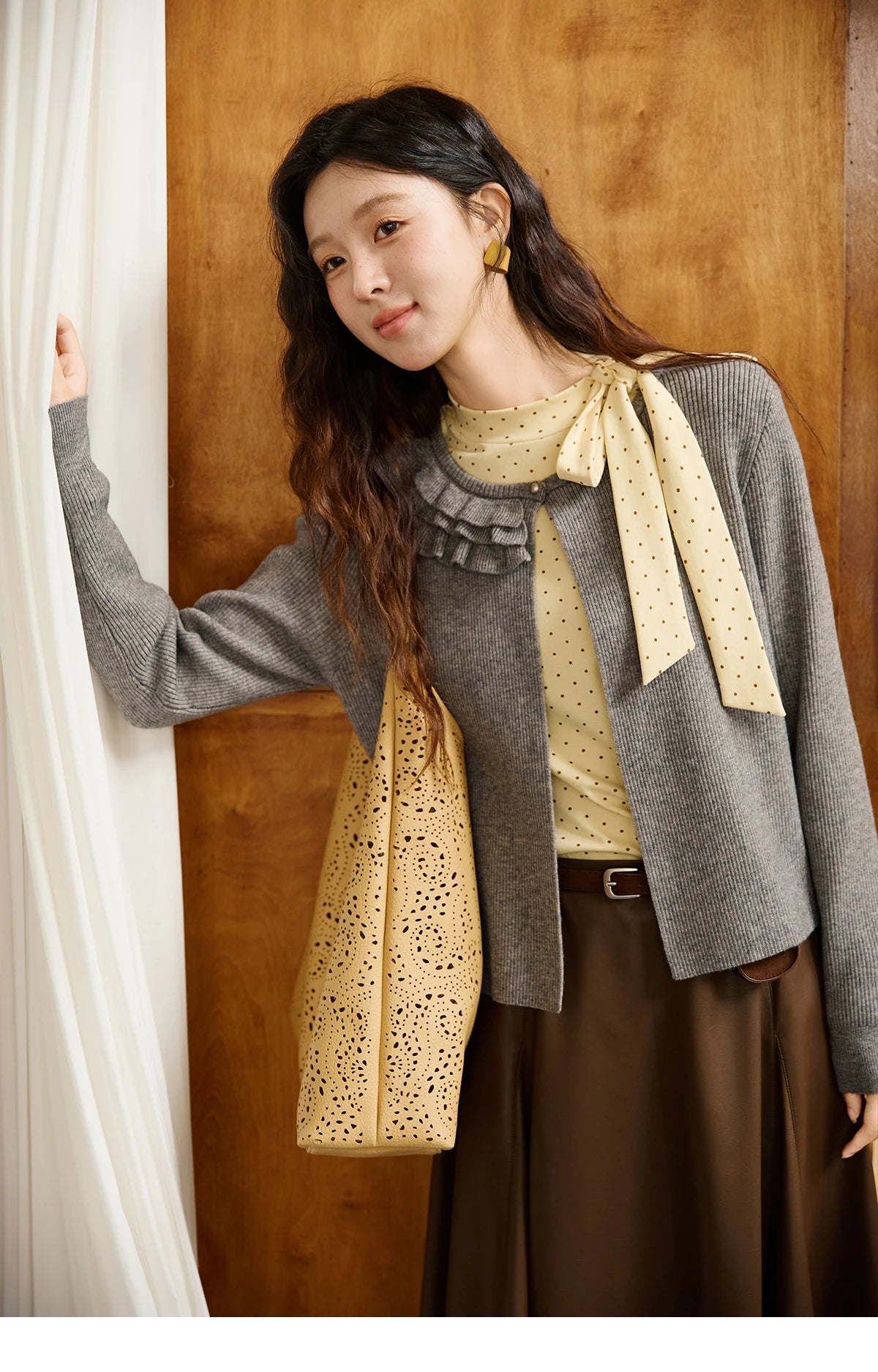 Mishow Yellow Polka Dot Lace Up Collar Pullover MXE45Z1379