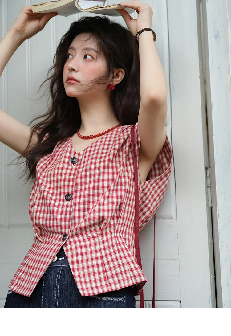 MISHOW Red Plaid V-Neck Shirt Button Front MXE37X1921