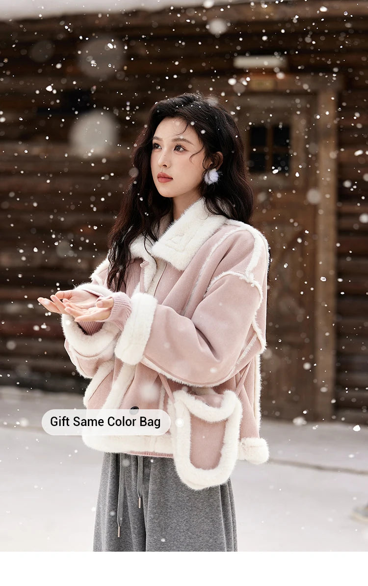 Mishow Suede Plush Fur Collar Jacket with Bag MXD57W0737