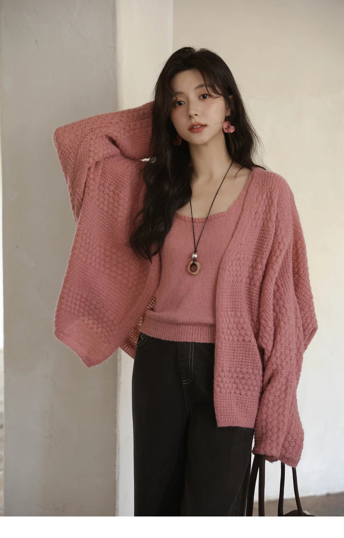 Mishow Pink Long Sleeves Cardigan with Vest Set MXE44T0737