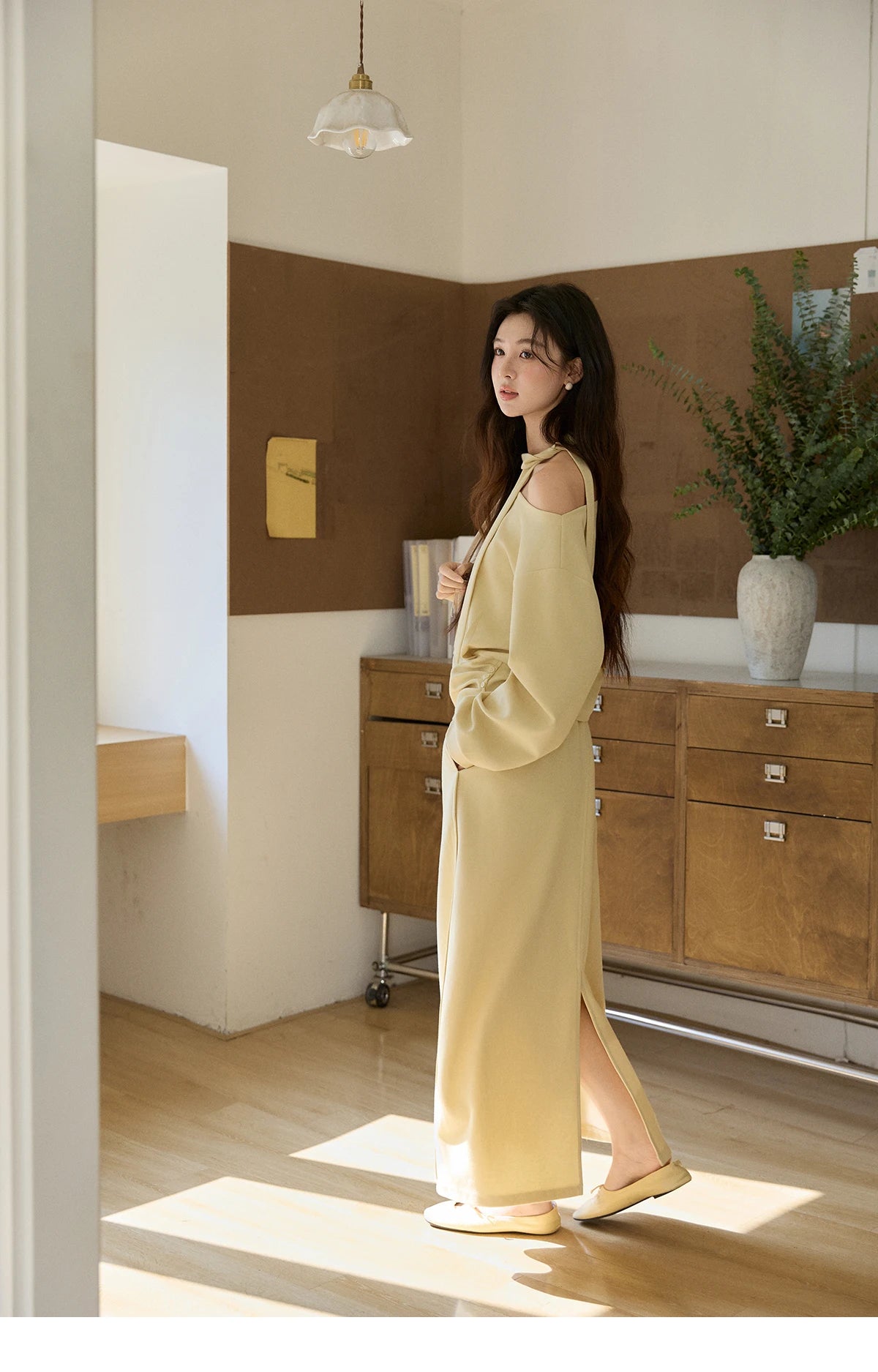 Mishow Light Yellow Off-Shoulder Top & Rear Fork Midi Skirt Set MXE11T1489