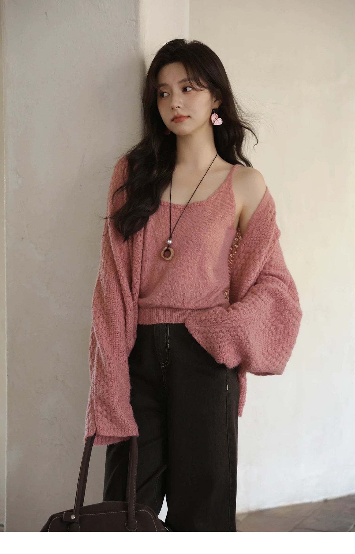 Mishow Pink Long Sleeves Cardigan with Vest Set MXE44T0737