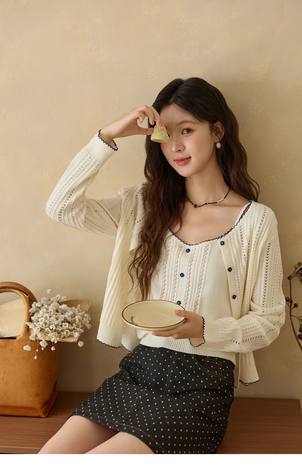 Mishow Apricot Knit Cardigan & Camisole Wool Set MXE43T0726