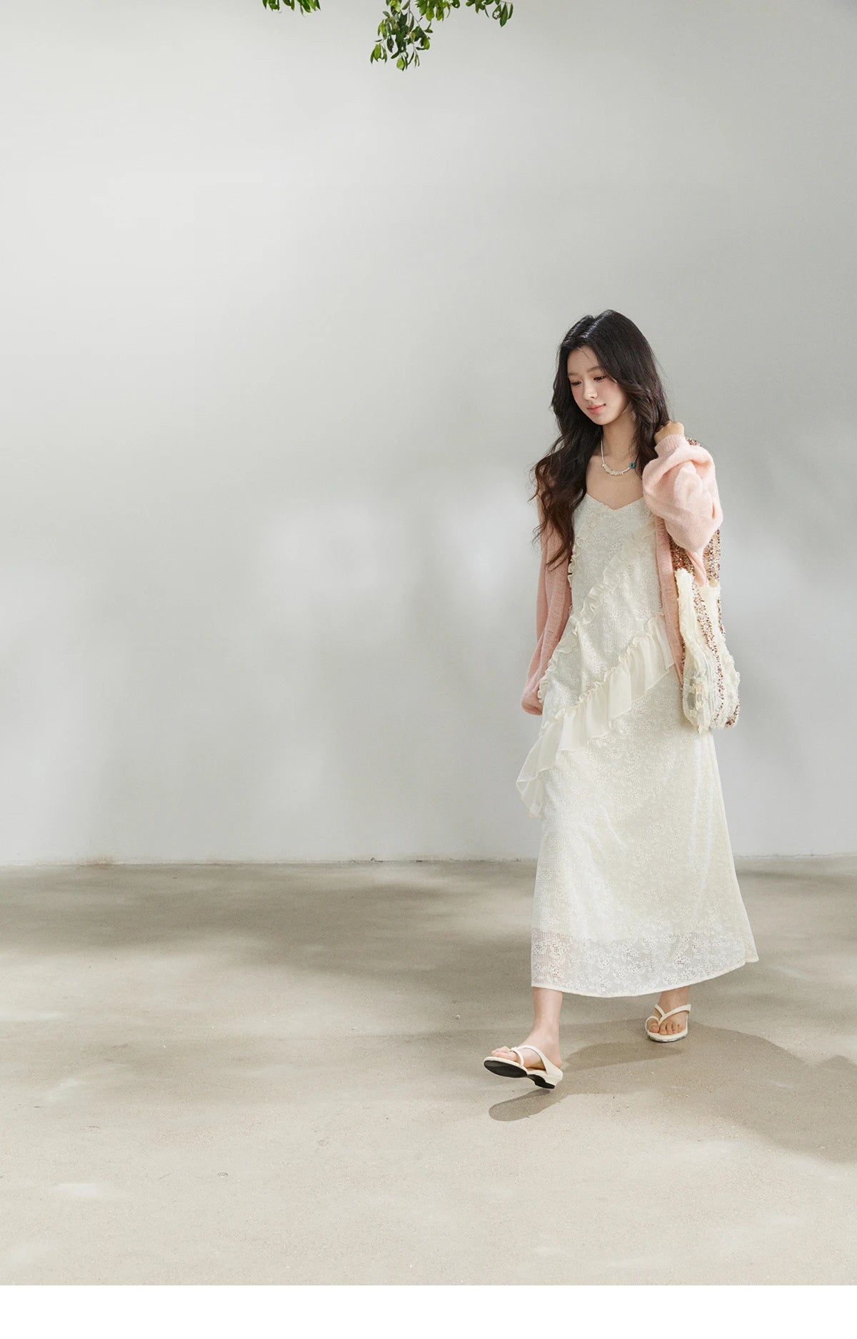 Mishow Cream Irregular Lace Ruffled Slip Dress MXF108L1005
